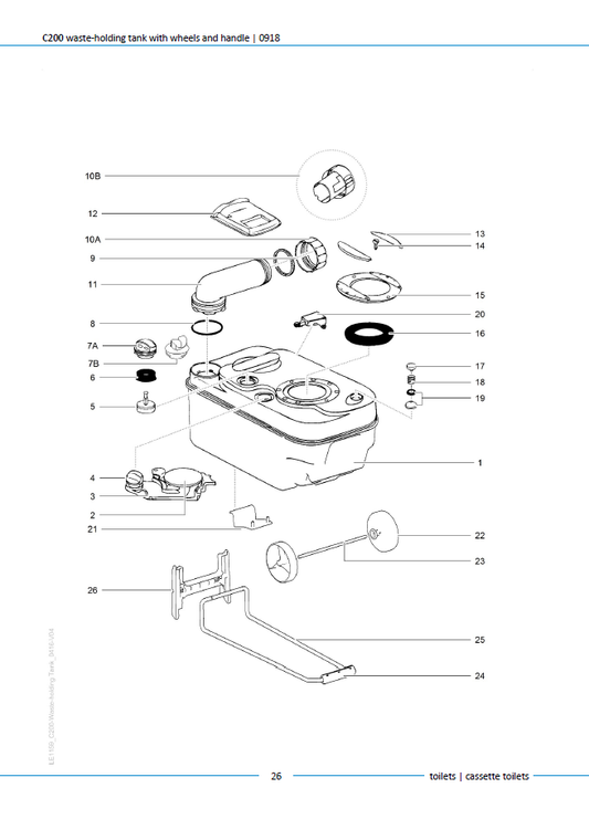 Piese rezervor deșeuri Thetford C200 Waste-Holding Tank cu roți și mâner