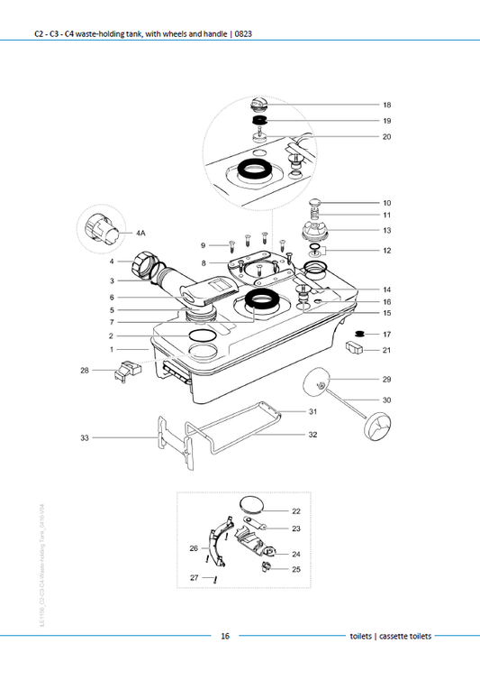 Piese rezervor deșeuri Thetford C2 / C3 / C4 Waste-Holding Tank cu roți și mâner