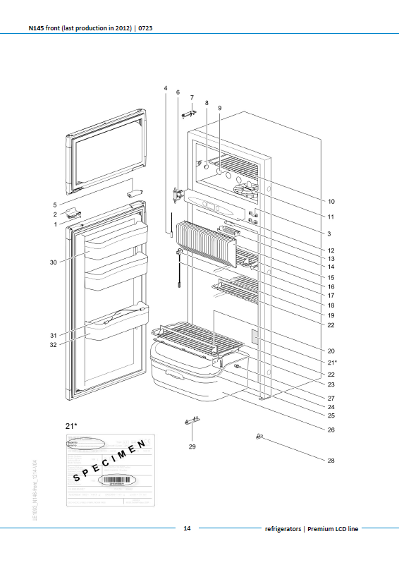 Piese frigider Thetford N145 Premium LCD Line (producție până în 2012)