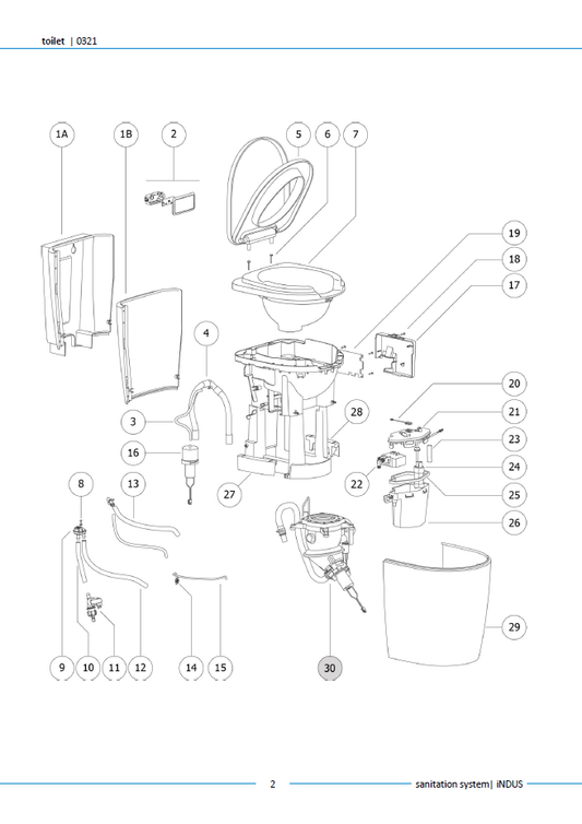 Piese sistem iNDUS Thetford – Listă oficială componente (Toilet, Macerator, Dosing, Rezervoare)